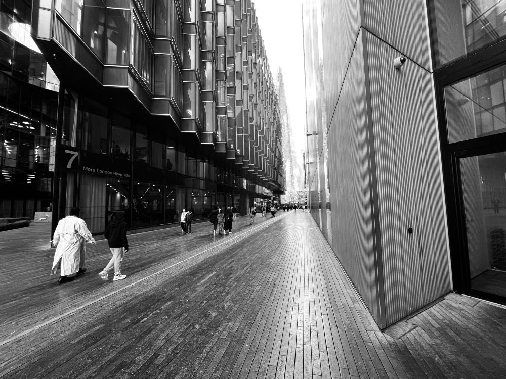 Pedestrian walkway and glass buildings