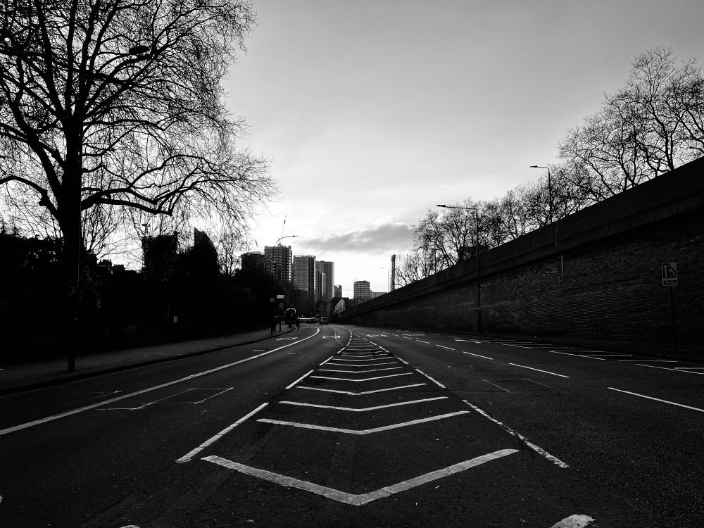 Road markings and towers in distance 