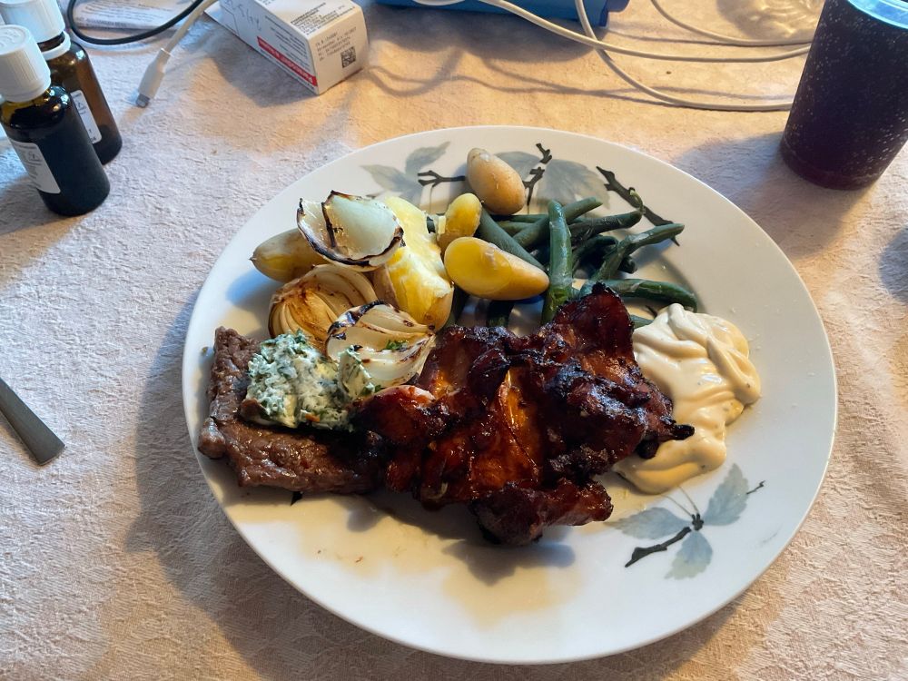 Tallrik med grillat kött, lök, gröna brytbönor,kokt potatis och bea. 