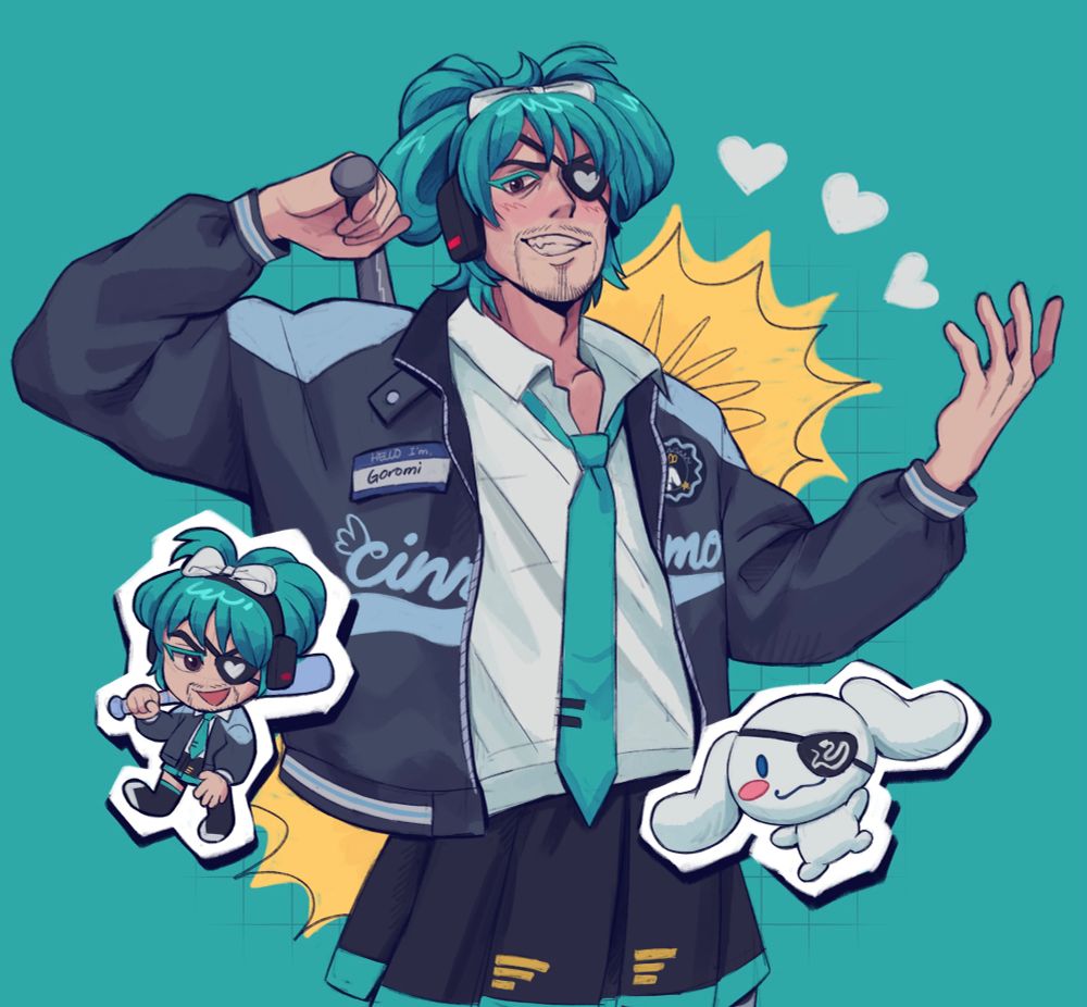 fan art of Goro Majima (Yakuza series) cosplaying as Hatsune Miku. Inspired by a cosplay done by @/_gorop on Twitter