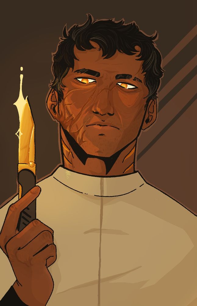 Digital, stylized portrait of a brown-skinned man with gold eyes. He has a prominent scar on the right side of his face and is holding a shining, golden knife. His expression makes him seem disinterested.