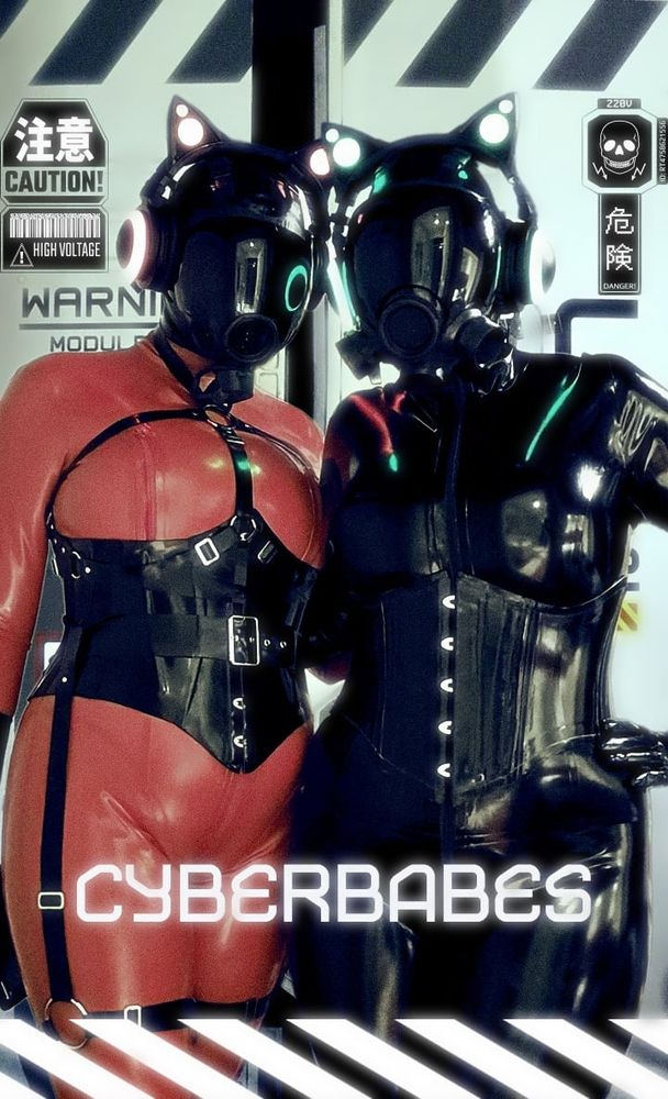 To people in latex one in red and other in black with millennium #gasmasks on and cat eyes that lit up 