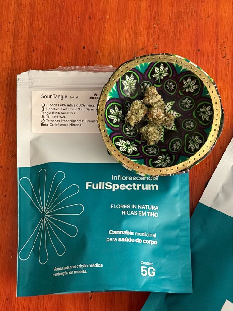 chatgpt: a imagem mostra um pacote de cannabis medicinal sobre uma mesa de madeira alaranjada. à esquerda, há um invólucro branco e turquesa com o rótulo “full spectrum – inflorescência – flores in natura ricas em thc”. o texto indica que o produto é destinado à saúde do corpo, contém 5 gramas e é vendido sob prescrição médica. no canto superior esquerdo, uma etiqueta branca informa a variedade: “sour tangie (indoor)”, híbrida de 70% sativa e 30% indica, com genética east coast sour diesel x tangie (dna genetics), teor de thc de até 26% e terpenos predominantes limoneno, beta-cariofileno e mirceno. à direita, sobre um pequeno prato decorado com padrões verdes, roxos e dourados, estão algumas flores secas da planta, densas e cobertas por cristais, em tons de verde e marrom-claro.