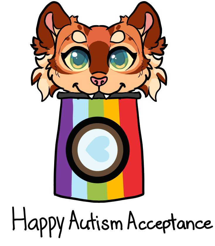 A cartoony cat fish holds my version of the autism pride flag and it says "happy autism acceptance" at the bottom.