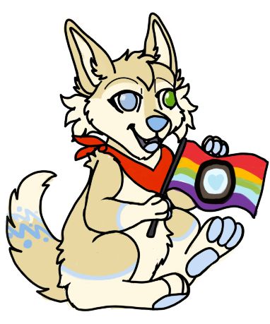 A sand-coloured fur fennec fox with a red bandana holding my version of the autism pride flag.