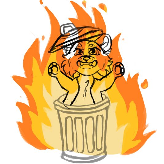 A work in progress drawing of a cat-fish anthropomorphic character that jumps out happy from a trash bin, and fire covering the drawing.