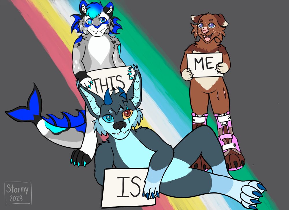 Three cartoon animals proudly display signs saying 'this is me' against a background of the disability pride flag