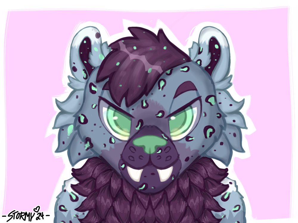 An anthropomorphic sabre-tooth tiger with light green eyes and nose, and grey-blue fur with light green patches like a leopard. Purple hair and purple thick fur around the neck.