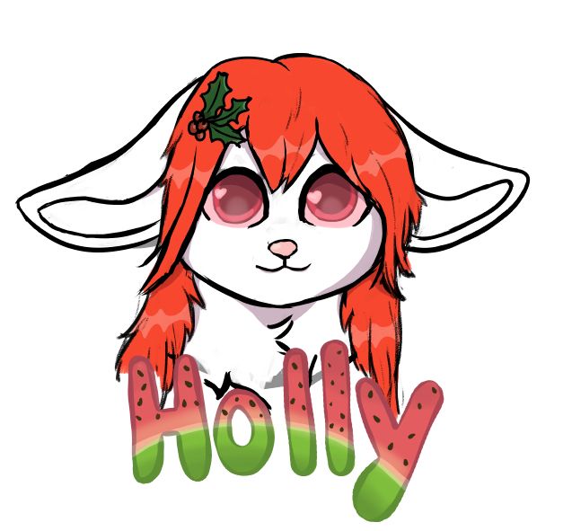 Unfinished drawing of an anthropomorphic bunny with red hair and eyes. She has a holly used as hair pin. Below it is written "Holly".