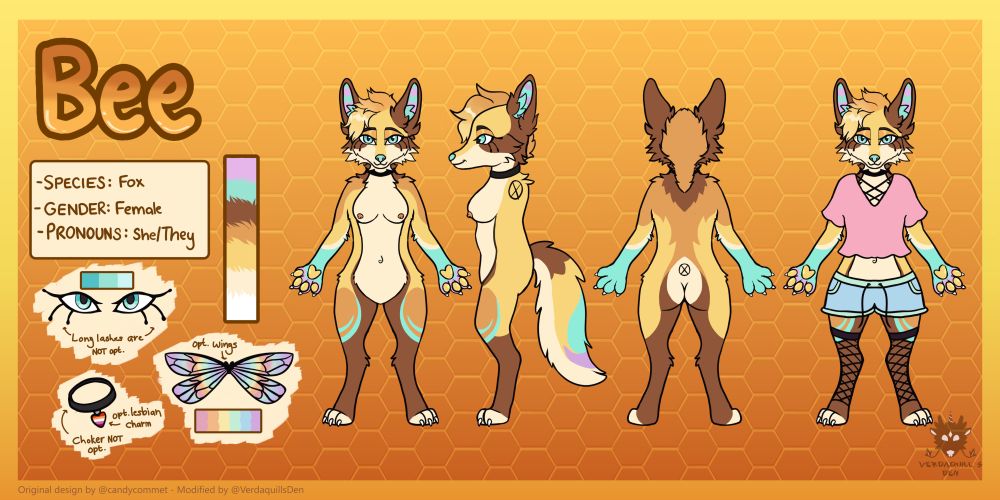 Reference sheet of an anthro fox. She is an orange, yellow, turquoise and brown fox girl named Bee. She has long eyelashes and wears a black choker. The background is themed as a beehive. 