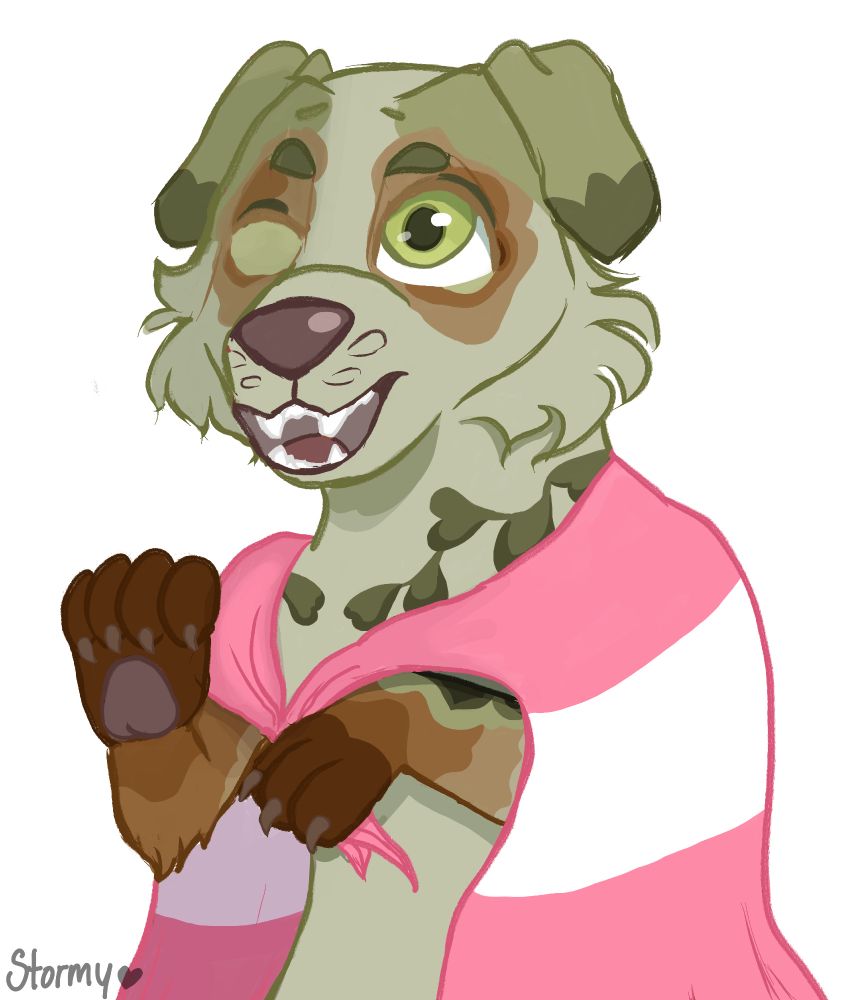 A green and brown cartoon dog wrapped in a pink blanket and white blanket representing the sapphic flag.