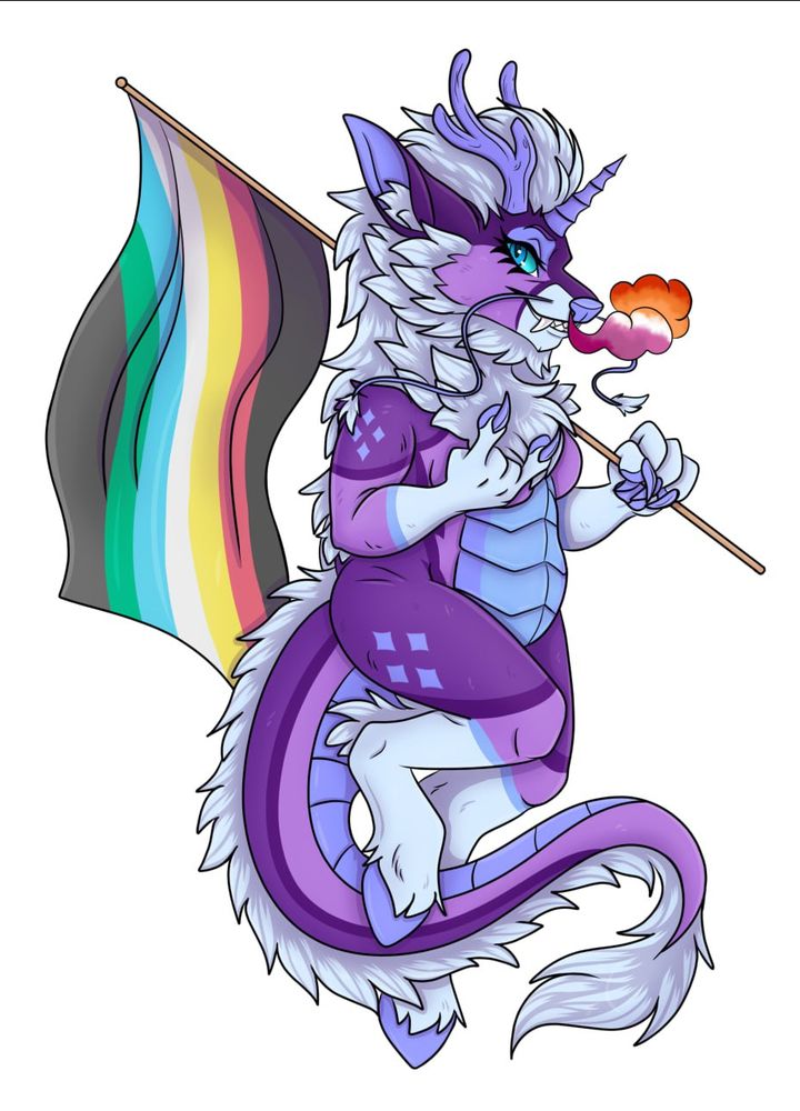 Purple kirin holding the disability pride flag smoke the colour of the lesbian flag pouring out her nostrils 