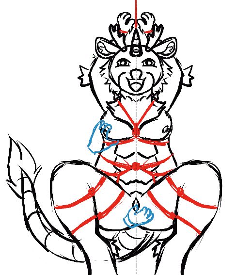 Anthropomorphic kirin tied with red ropes being sexually touched