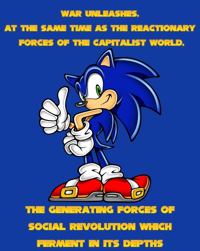 Sonic the hedgehog with a quote by Rosa Luxemburg: "War unleashes – at the same time as the reactionary forces of the capitalist world – the generating forces of social revolution which ferment in its depths."
