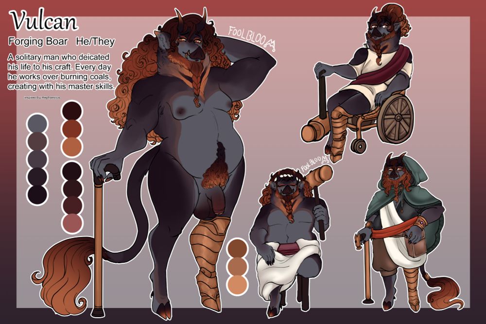 Reference of my oc Vulcan. Text reads on the picture "Vulcan" under that is  "Forging Boar" and  "He/they". below that theres some lore being dropped that reads "A solitary man who dedicated his life to his craft. Every day he works over burning coals, creating with his master skills." 
and in small texts reads "Based on Hephaestus"