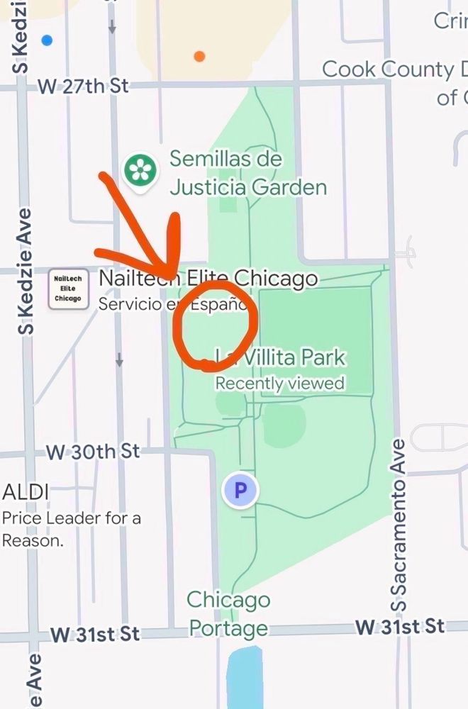 Screenshot of a map showing where in La Villita Park the event will be - in the western middle part of the green area, slightly southeast of Nailtech Elite Chicago