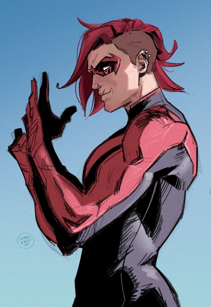 text reads "forgot to post here but i drew vi as nightwing (only for the butt)" and shows a drawing of vi from league of legends/arcane as nightwing from batman/dc comics. she's posed as the famous dan mora nightwing illustration, putting her gloves on and wearing a red suit instead of a blue one.