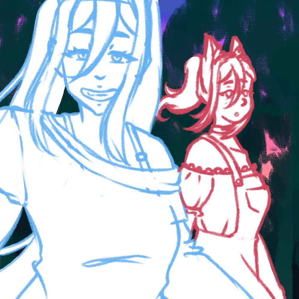 A work and progress drawing of a wolf girl with a ponytail and a human girl with pigtails walking in the woods while the human girl takes a selfie.