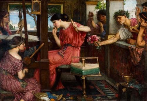 Penèlope i els pretendents, una pintura de John William Waterhouse (1911-1912). A l'esquerra de la pintura hi ha les serventes de la reina, que l'ajuden a treballar al teler. Penèlope és al centre, teixint i vestida amb una túnica vermella. A la dreta hi ha un grup de pretendents, un dels quals li intenta donar un ram de roses a la reina d'Itaca.
Font: Wikimedia Commons