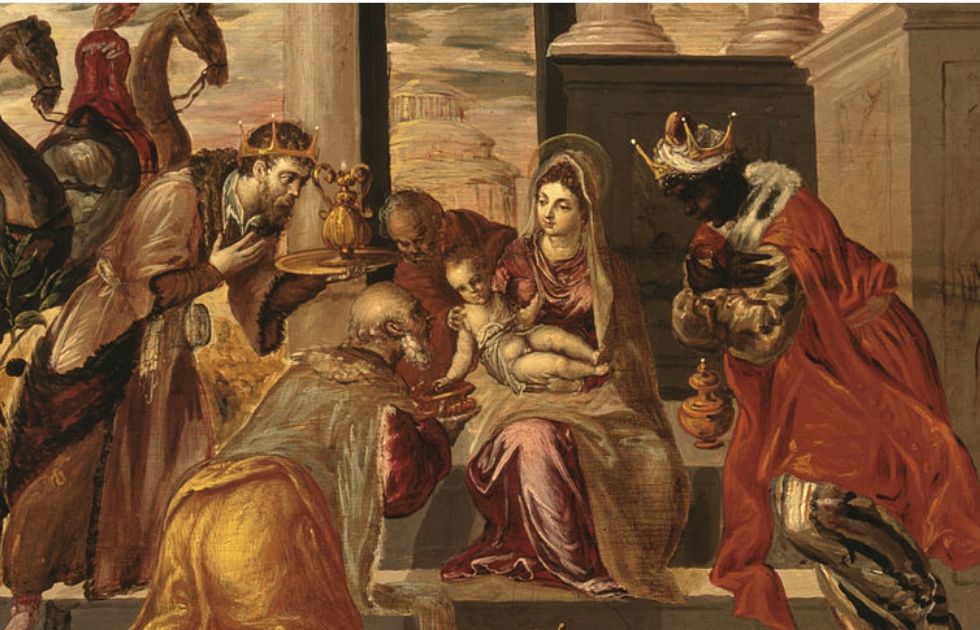 Escena d'adoració dels reis mags del segle XVI en què representen les tres races conegudes.