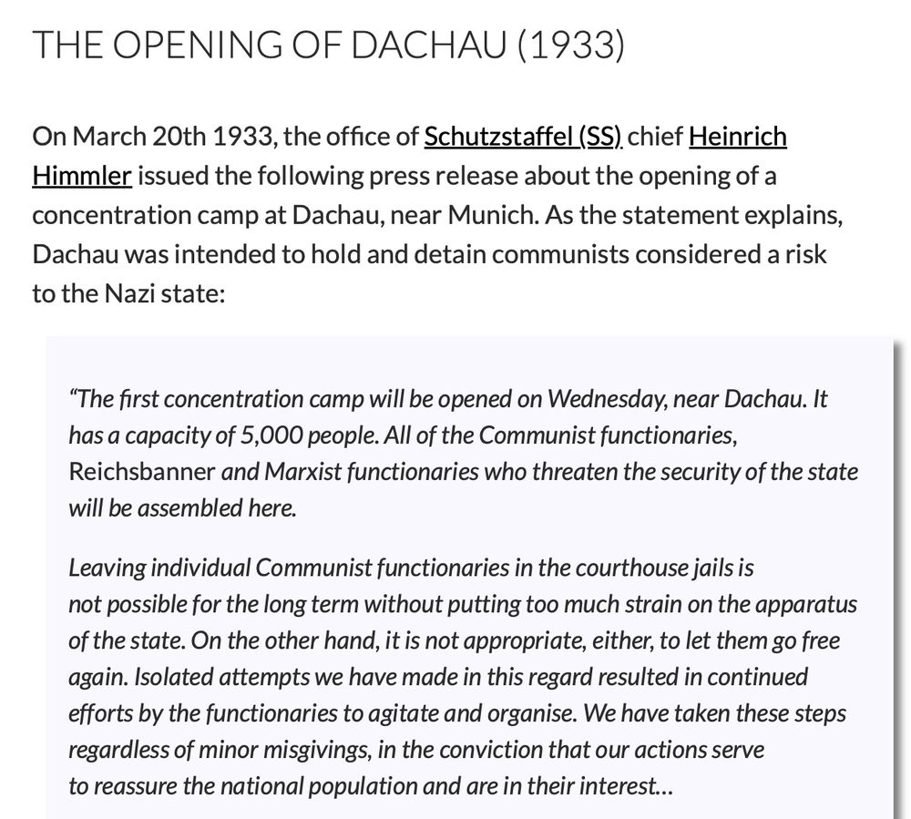 Screenshot from https://alphahistory.com/nazigermany/the-opening-of-dachau-1933/ of the original press release for the opening of Dachau in 1933.