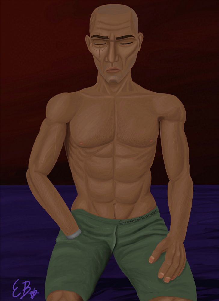 Crosshair sitting on the edge of his bed with his eyes closed. He looks slightly grumpy but he’s trying. He’s just wearing some sage green shorts so you can see his nice toned muscles.