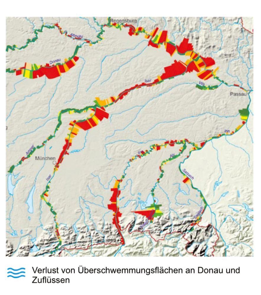 Eine Karte, die die Donau und Nebenflüsse zeigt. Entlang von Isar und Donau sind große Flächen rot schraffiert.