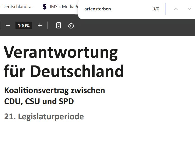 Ein Screenshot des Koalitionsvertrags. Via Suchfunktion wurde das Wort "Artensterben" im Text gesucht, es gibt jedoch keine Suchergebnisse.