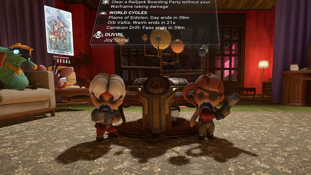 Two floofs standing in front of the Warframe Navigator got moustaches