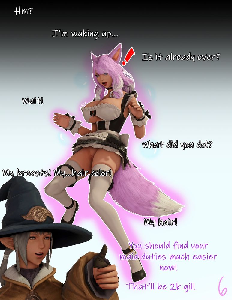 A full page panel of the results of the chirurgeon "helping" meteor. A black zone fades into while as Meteor floats in the space, looking at herself in awe. Her hair has grown, along with her breasts. Her hair has been made pink and her panties have been taken.
The chirurgeon is visible in the lower left of the page, giving a thumbs up again.

Dialogue (Meteor): "Hm? I'm waking up...Is it already over? Wait! What did you do?! My breasts! My...hair color! My hair!"
Dialogue (Chirurgeon): "You should find your maid duties much easier now! That'll be 2k gil!"