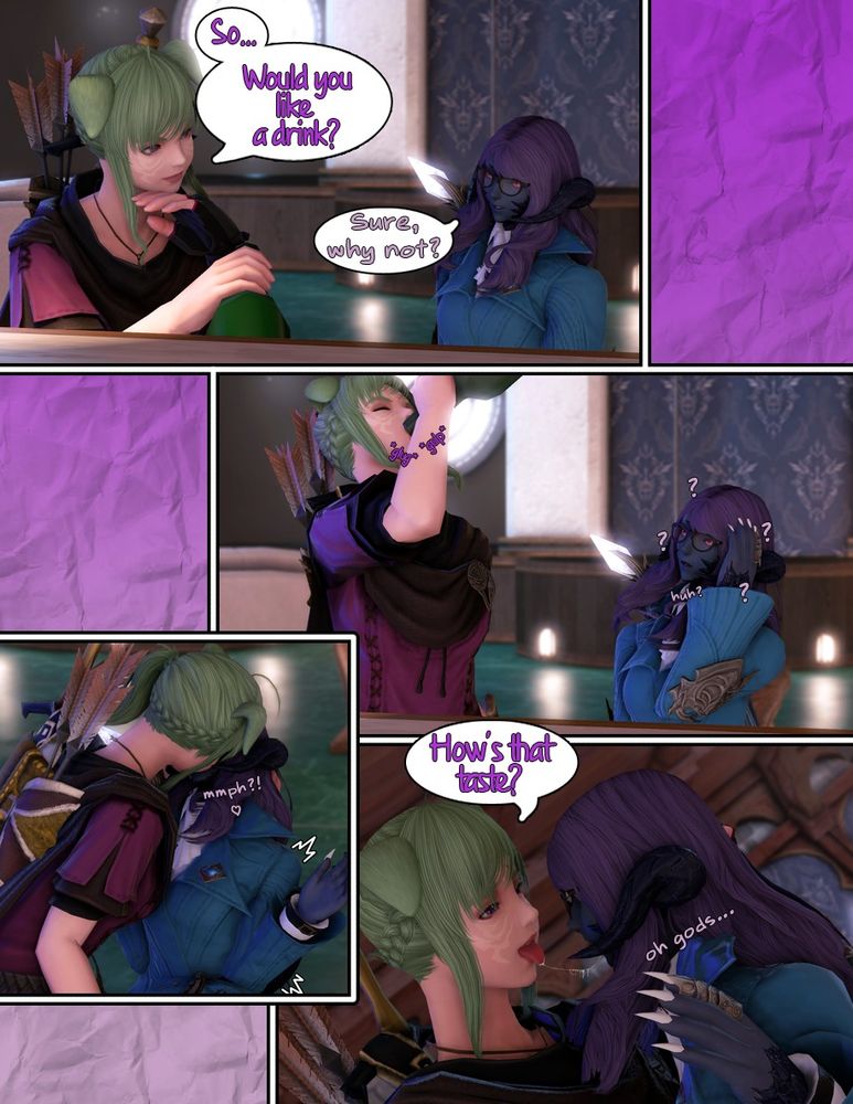 A comic featuring Delia and a purple haired xaela named Enkhtuya.
Panel 1: The two sit next to each other with Delia leaning in close
Dialogue(Delia): So...Would you like a drink? (Tuya): Sure, why not?

Panel 2: Delia drinks from the wine directly as Tuya looks on in confusion

Panel 3: Delia kisses Tuya, presumably sharing the wine as Tuya lightly trembles.
Dialogue (Tuya): Mmph?! ♥

Panel 4: Delia pulls back, with her saliva linking her to Tuya.
Dialogue (Delia): How's that taste? (Tuya) oh gods...