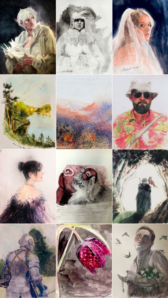 A collage of my recent drawings depicting several portraits, fanarts, landscapes, a flower and a cat portrait