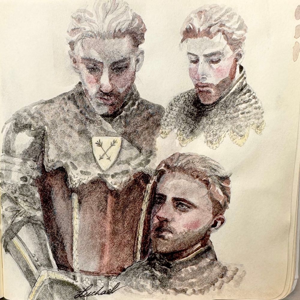 Watercolor painting of Hans Capon with a beard clad in full plate armor. The piece is made with limited muted color palette