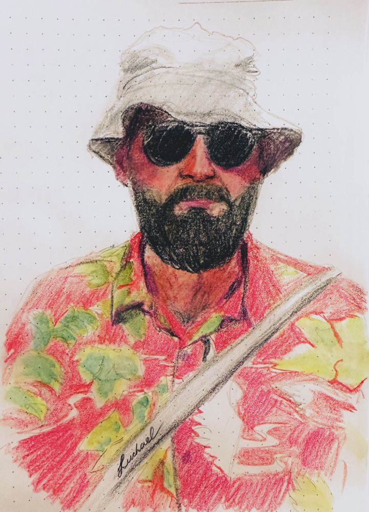 A wax pastel drawing of Hanush of Leipa in his VA’s getup from that one particular clip. He is wearing a hat, sunglasses and a Hawaiian shirt. 