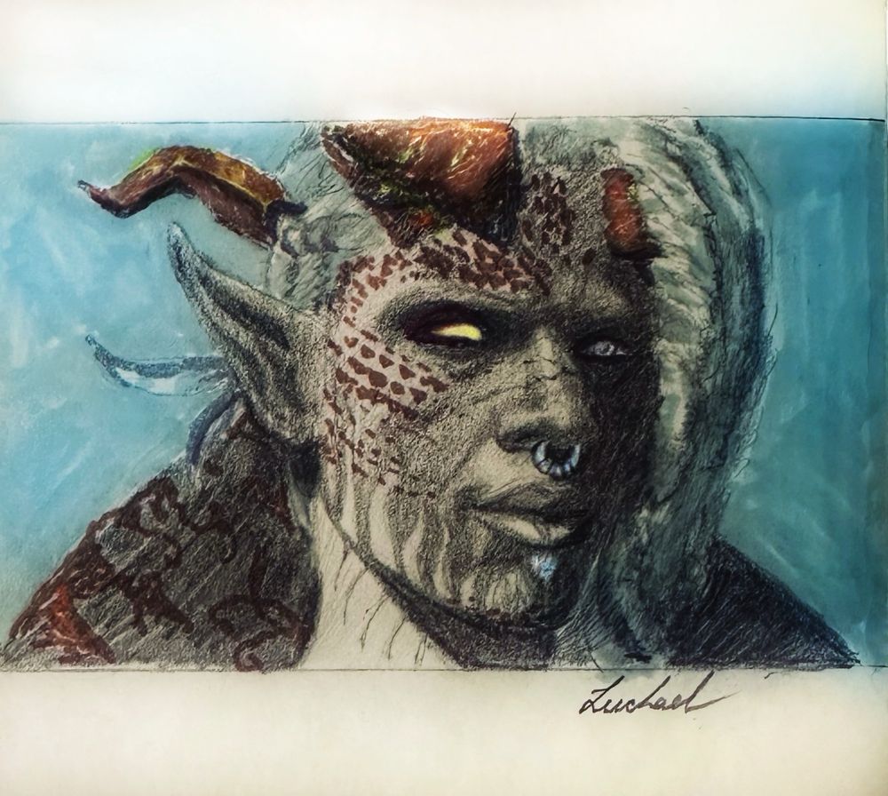 Drawing of a dark skinned character with pointed ears, horns and golden scales