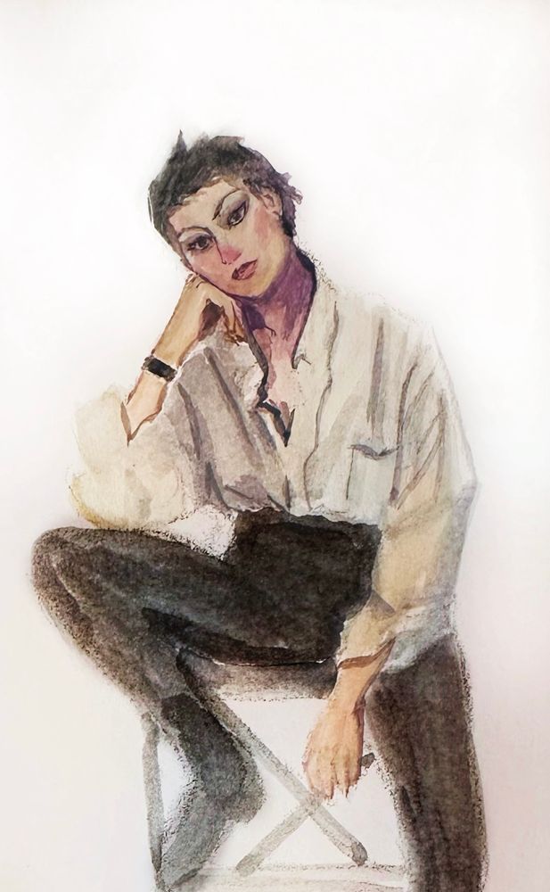 Gouache painting of Cassandra from dragon age sitting on a tall chair and propping her head up with her hand