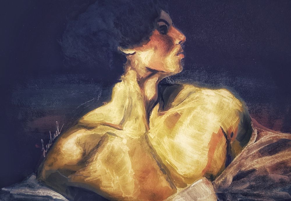 Gouache painting of a young man with striking skin lighting
