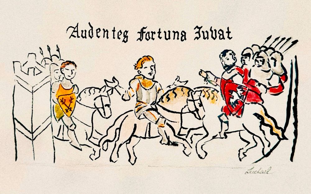A line and gouache drawing of Hans and Henry recreating the era-appropriate art style. At the top there’s the line “Audentes fortuna Iuvat”