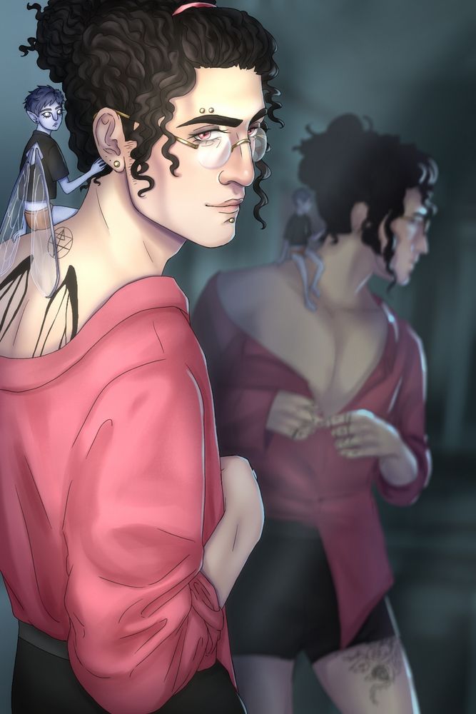 my characters, Cosmo and his faerie companion, Svea getting dressed 
