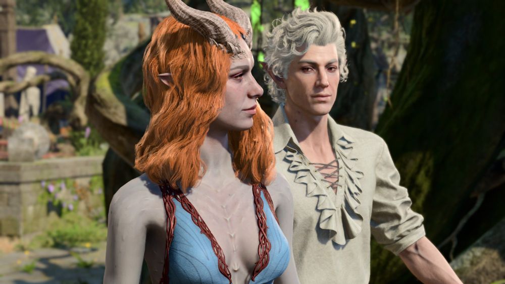 A well timed screenshot of Astarion looking at Tav and they both have cute outfits