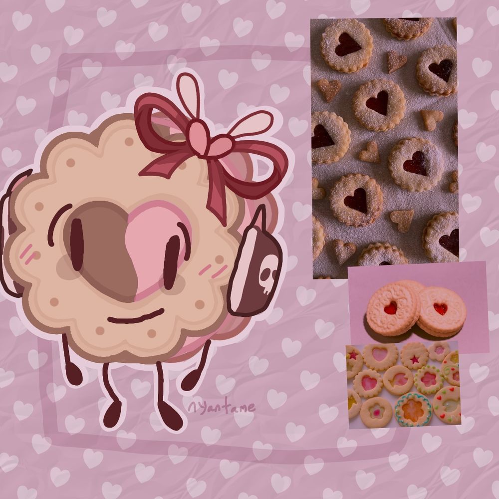 My new sona, biscuit, who is a strawberry and chocolate cookie wearing headphones and a ribbon 