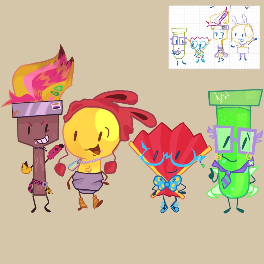 Paintbrush, lightbulb, fan, and test tube  from inanimate insanity. 