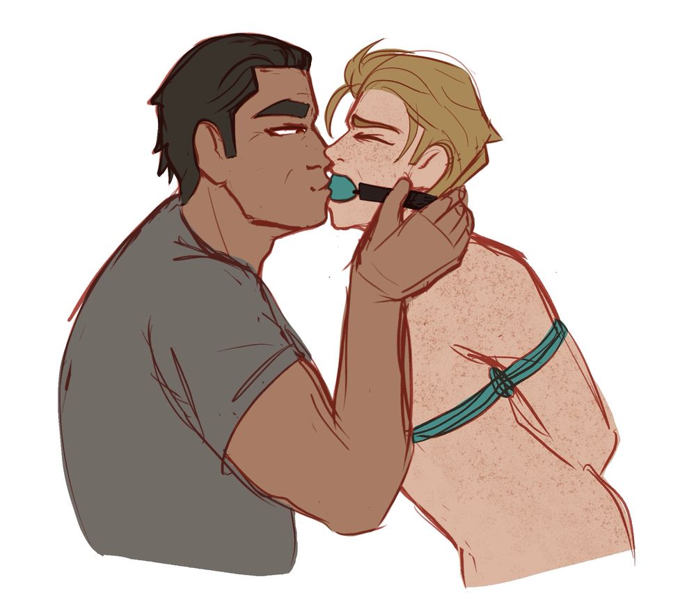mateo, a large man with tan skin and slicked black hair, kisses kenton on his ballgag. kenton is blonde, freckled, tied with teal rope, and cringing away. 