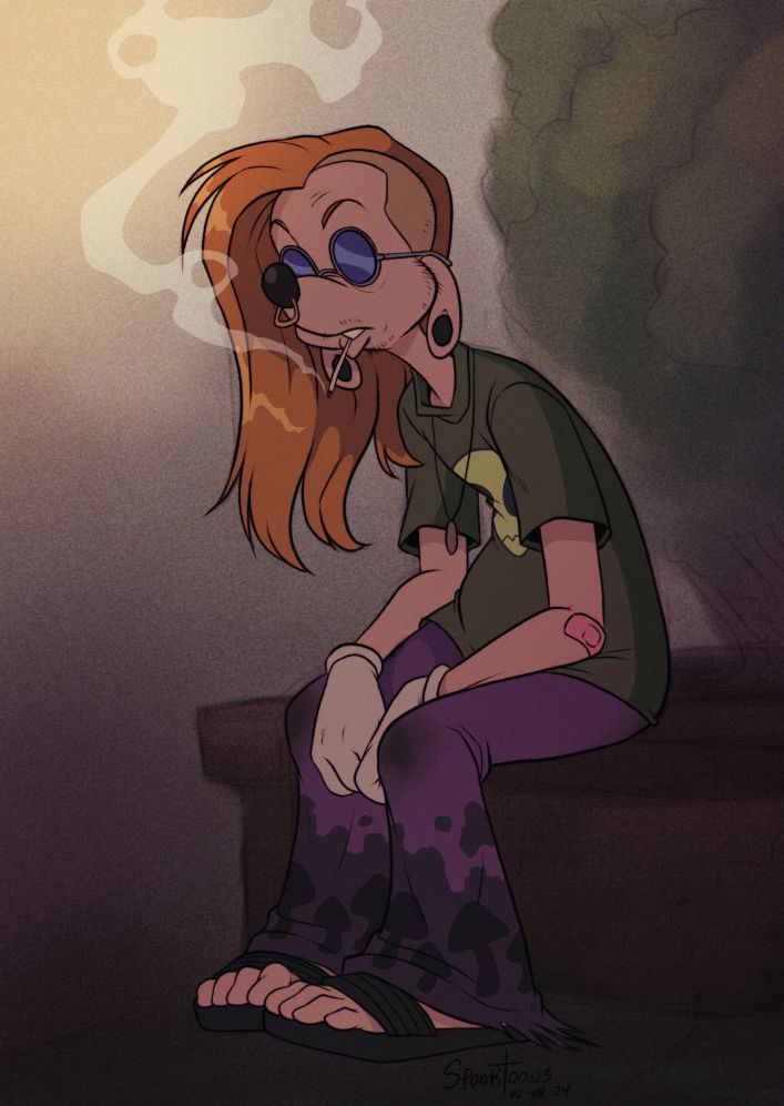 Bobby from the Goofy Movies as a 30-something year old adult, wearing hand dyed mushroom bellbottoms, an alien face t-shirt, gauge ear rings in his dog ears and a septum ring in his doggy nose. He's sitting on a brick ledge, smoking hemp and looking calm and a bit interested.