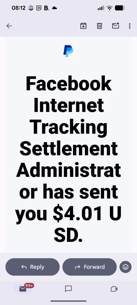 Facebook Internet Tracking Settlement Administrator has sent you $4.01 USD on PayPal. 