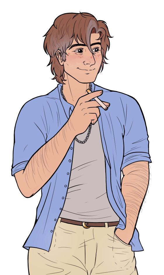 an illustration of an older Steve Harrington done by starthecozy, he's holding a cigarette and smirking