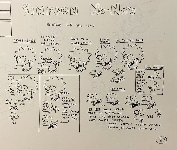 Style sheet for the simpsons showing what to avoid when drawing Lisa's face.