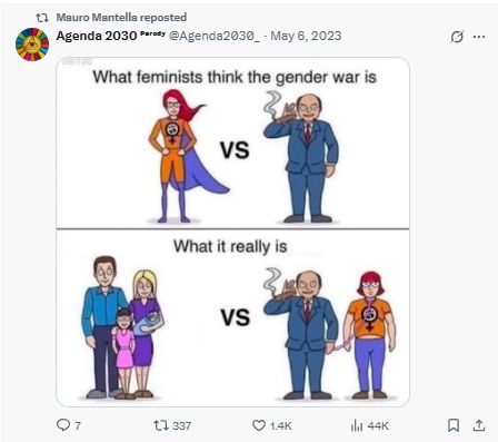 a retweet from Mauro Mantella emplying that feminism is a conspiracy by the evil elite to attack the nuclear family.