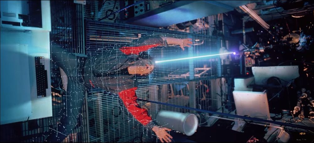 A scene from the 1982 film "TRON" where Kevin Flynn (Jeff Bridges) is transported to The Grid. 