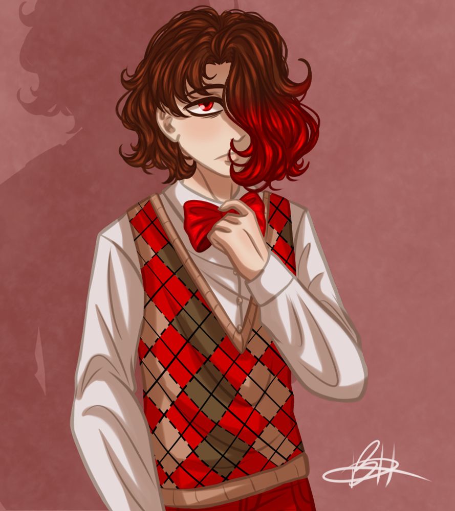 A drawing of a male OC that's adjusting his bow tie. He's wearing a sweater vest and a button up shirt.